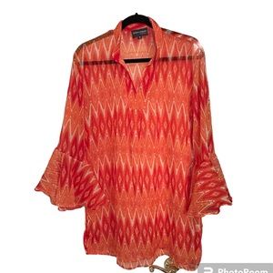 The Royal Standard Orange & Red Ikat Sheer Tunic Blouse Size XL